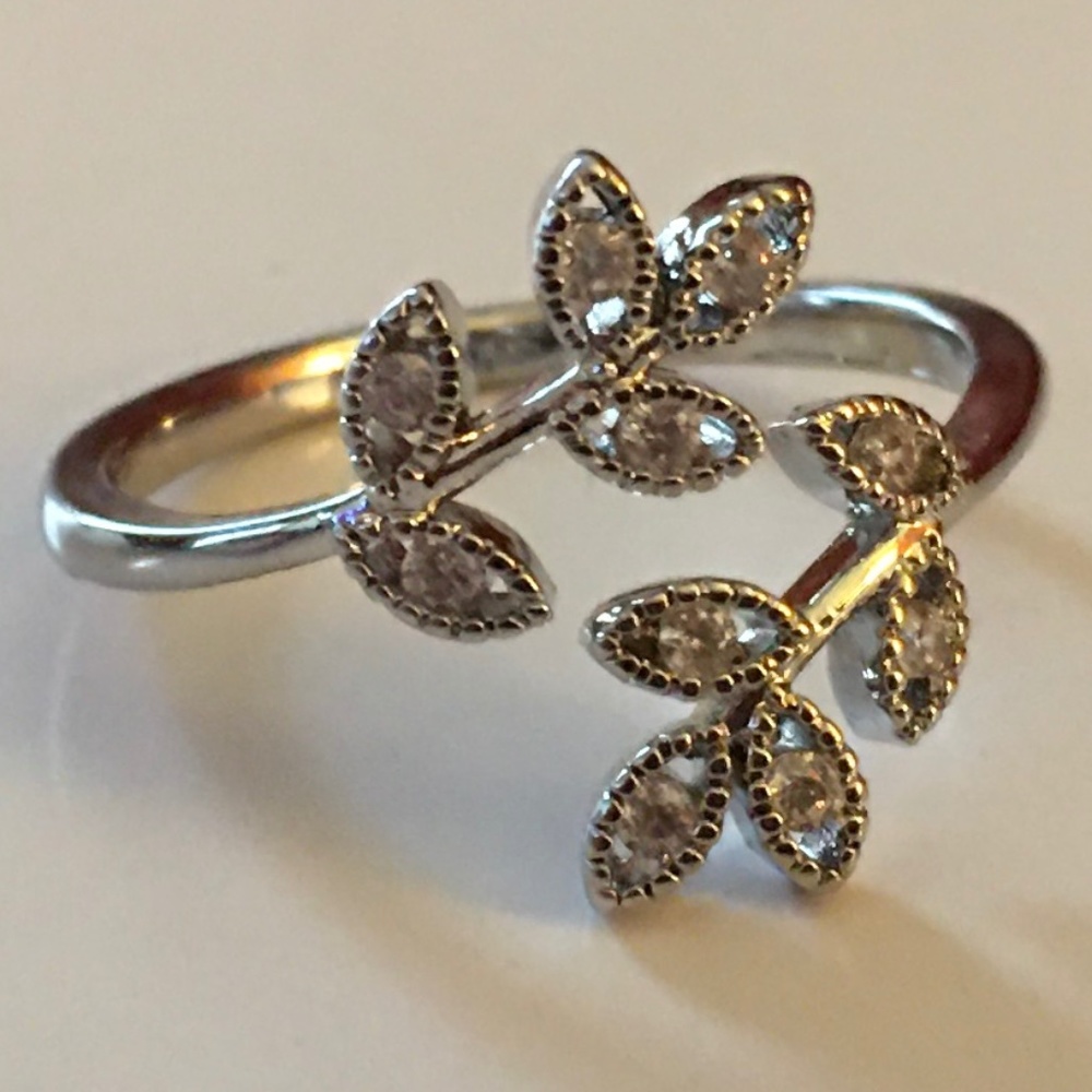 Silver Leaf Ring, Open Adjustable Wrap, Cubic Zirconia Sparkle, Size 7